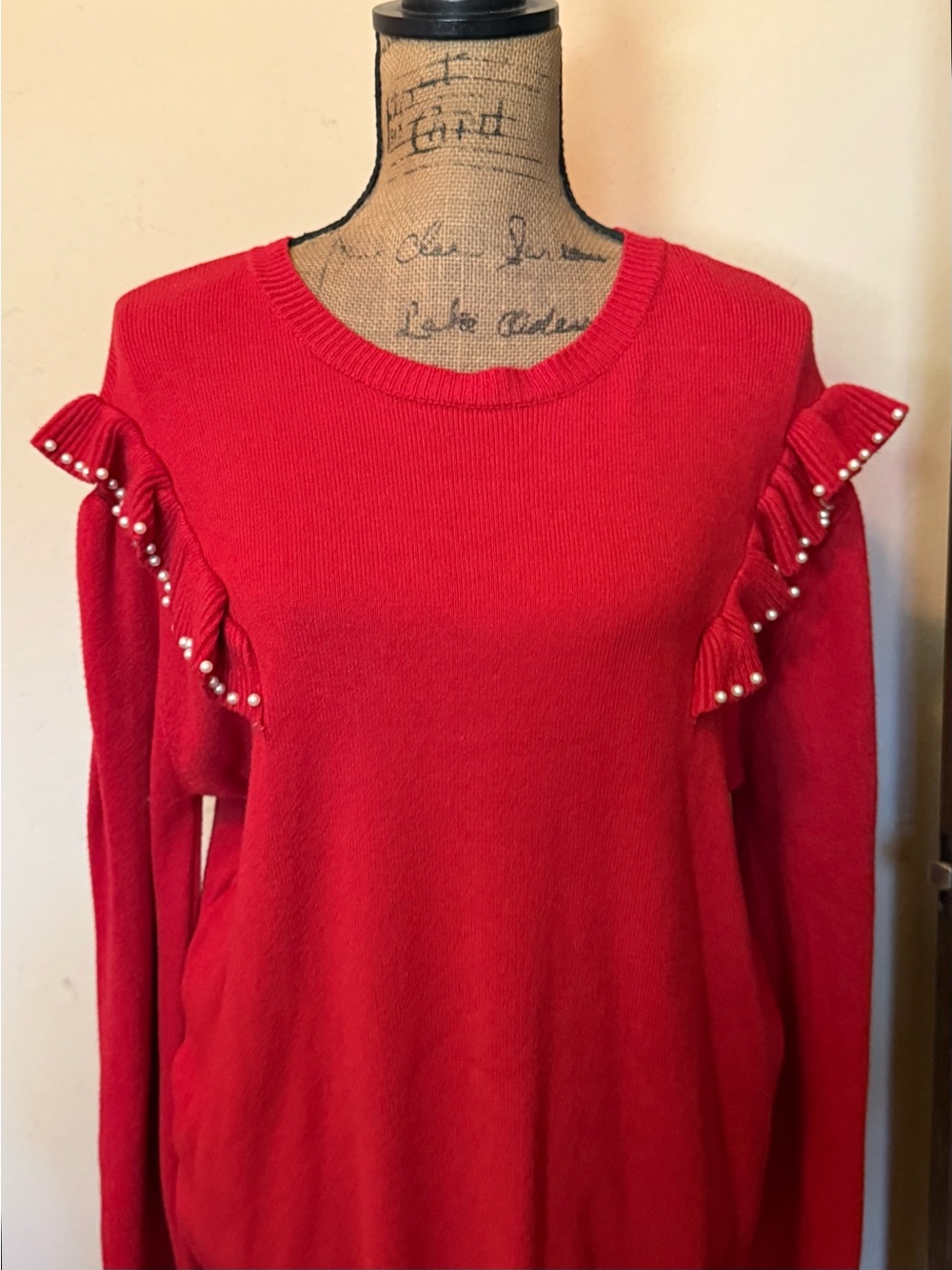 Red Pearl-Trim Ruffle Sweater - Women
